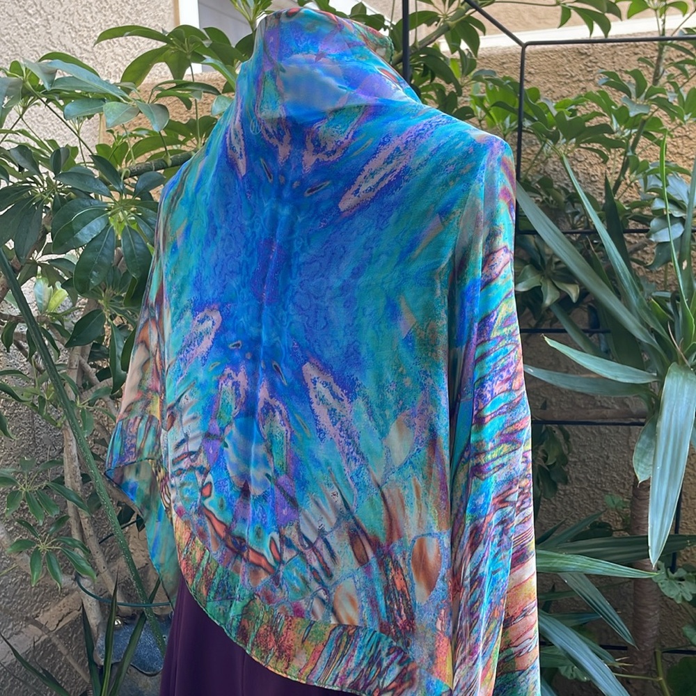 Vintage Escada Multicolored Artistic Hand Painted Silk Scarf/Wrap - Picture 10 of 13